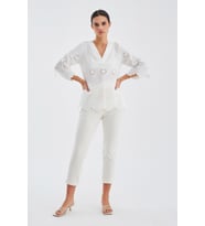 Peraluna HİROMİ BLOUSE %100 Pamuk V Yaka 3/4 Çan Kol Yazlık Kadın Bluz - Beyaz