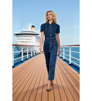 Kadın Ceket Yaka Kısa Kollu Düz Desenli Regular Kalıp Boru Paça Dokuma Denim Tulum %100 Pamuk