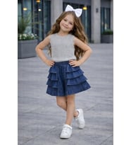 Fitilli Basic Üstlü Kat Kat Kot Şort Kız Çocuk Takım - 2/10 Yaş - 31712
