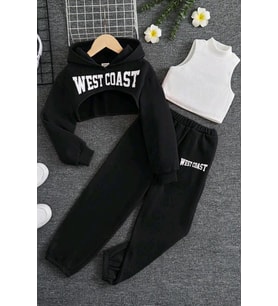 Kız Çocuk Kolsuz Bluz West Coast Baskı Kapüşonlu Crop Kaşkorse 3'lü Siyah Eşofma