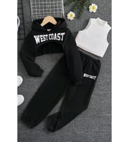 Kız Çocuk Kolsuz Bluz West Coast Baskı Kapüşonlu Crop Kaşkorse 3'lü Siyah Eşofma
