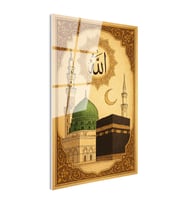 Tamperli Gerçek Cam Tablo Kabe ve Mescidi Nebevi Yeşil Kubbe Dini İslami Tablo Duvar Dekoru