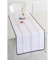 Beyaz Ajurlu İşlemeli Lacivert Biyeli 50x130 cm Runner (Beyaz - Lacivert)