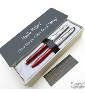 Scrikss İsme Özel Kalem Seti - Kırmızı Krom Roller Kalem + Tükenmez Set (Karışık)