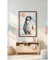 Penguen ve Balonlar 1. Kalite Ahşap Çerçeveli Tablo