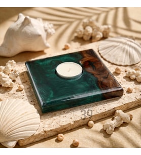 Classic Ceviz & Epoksi Mumluk – El Yapımı Tealight Mumluk – 12x12 cm Tasarım Dekoratif Mumluk (Koyu Yeşill)