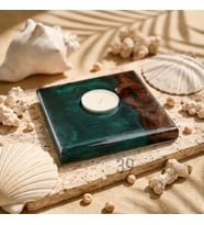 Classic Ceviz & Epoksi Mumluk – El Yapımı Tealight Mumluk – 12x12 cm Tasarım Dekoratif Mumluk (Koyu Yeşill)