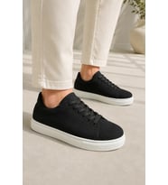 Austin Bağcıklı Cilt Erkek Günlük Sneaker Ayakkabı - Siyah Beyaz Süet