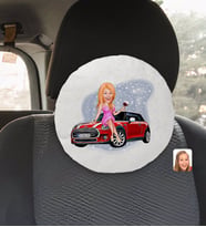 BK Gift Kişiye Özel Plakalı Kadın Mini Cooper Karikatürlü Yuvarlak Araç Koltuk Yastığı-1