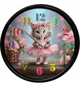 Çiçek Taçlı Sevimli Kedi Temalı Dekoratif Duvar Saati 28 Cm Sessiz Mekanizma