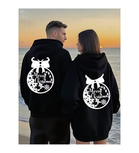 Yılbaşı Sevgili Kombini Hoodie Merry Christmas Baskılı Oversize Unisex Kapüşonlu Sweatshirt 2’li Set (Siyah)