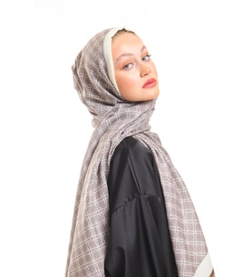 Geometrik Desen Pavia Seri Şal Eşarp Askısı ile Birlikte 75x200 cm Bej Krem-75x2
