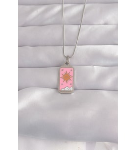 316L Çelik Gümüş Renk Pembe Mineli Güneş Model Tarot Kolye 5886 - SSSSSS9991-4556