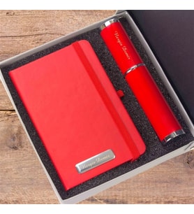 Kişiye Özel Kırmızı Defter ve Silindir Kutulu Tükenmez Kalem Seti
