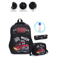 Monster Truck Okul Çantası + Beslenme + Kalemlik + Suluk Arabalı Çanta İlkokul Çantası Sırt Çanta (Çok Renkli)