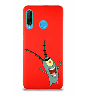Huawei P30 Lite Soft Premier Kapak Plankton Tasarımlı Silikon Kılıf - Kırmızı (Şeffaf)
