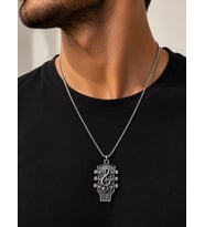 Gümüş Renk Gitar Kafa Figürlü Sol Anahtarı Kolye Paslanmaz Çelik Zincirli 60 cm Unisex Müzik Kolyesi