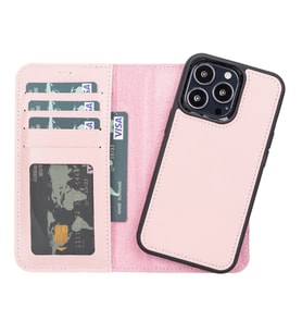 Apple iPhone 13 Pro Uyumlu Deri Cüzdanlı Kılıf NU2 Pembe