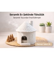 El Yapımı Ev Tasarımlı Tütsülük – Bacadan Duman Çıkan Dekoratif Seramik Tütsü Evi (Krem)