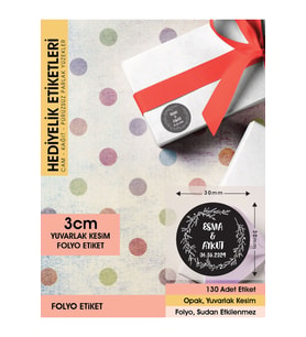 Çelenk Çiçek Motifli, Siyah Etiket Modeli Ürünlerinize Özel 3 Cm - 130 Adet Folyo Sticker