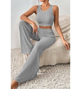 Nare Gri Crop Bluz Pantolon Alt Üst Takım (Gri)