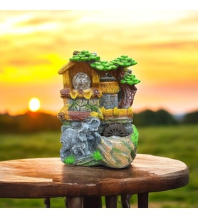 Fil Figürlü Işıklı Mini Şelale Masaüstü Süsü – Su Değirmenli, Polyester & Reçine, 27x19x15 cm