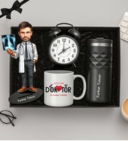 Kişiye Özel Fotoğraflı Doktor Tasarımlı Biblo,Beyaz Kupa,Termos Ve Masa Saati Hediye Seti (STD)