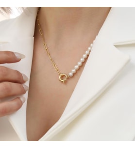 925 Ayar Gümüş White Tatlısu İncisi Kolye-6mm (Gold)
