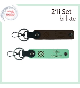 Yön Simgesini Taşıyan Deri Tasarım, Gemi Desenli Anahtarlık Takımı, Koyu Kahve-Açık Yeşil