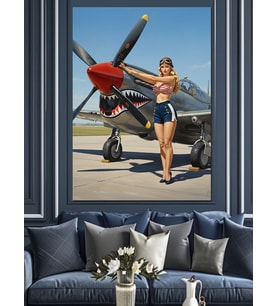Uçak Yanında Pin-Up Kız Dekoratif Kanvas - Mdf Ahşap Tablo