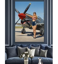 Uçak Yanında Pin-Up Kız Dekoratif Kanvas - Mdf Ahşap Tablo