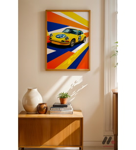 Sarı Yarış Coupe Pop Art, Ahşap Çerçeveli Duvar Tablosu - Oto Severlere Özel Hediye