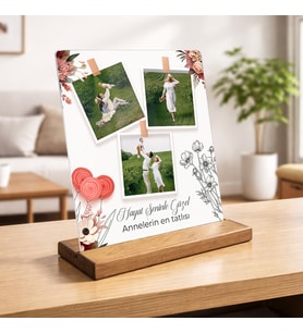 Anneler Gününe Özel Tasarım Fotoğraflı Pleksi Çerçeve Ahşap Stand