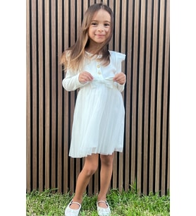 Breeze Kız Çocuk Uzun Kollu Elbise Omzu Fırfır Detaylı Fiyonklu 3-8 Yaş, Ekru