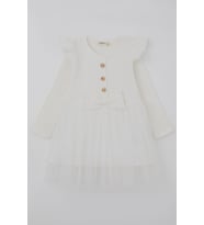 Breeze Kız Çocuk Uzun Kollu Elbise Omzu Fırfır Detaylı Fiyonklu 3-8 Yaş, Ekru