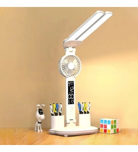 TechTic6in1 Fanlı 2Başlı Masa Lambası Saat Takvim Derece Kalemlik Şarjlı MasaüstüFanlı Şarjlı Işık