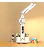 TechTic6in1 Fanlı 2Başlı Masa Lambası Saat Takvim Derece Kalemlik Şarjlı MasaüstüFanlı Şarjlı Işık