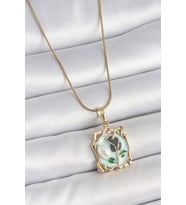 316L Çelik Gold Renk Zincir Mi Mineli Çiçek İşlemeli İnci Detay Portre Model Kadın Kolye TJ-BKO10186