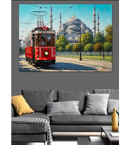 Kırmızı Tramvay İstanbul Şehri Dekoratif Kanvas - Mdf Ahşap Tablo