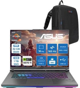 Asus Rog Strix G16 G614PR-RV050 Amd Ryzen 9 8940HX Aı 32 GB GB 1tb SSD 12 GB/RTX5070Tİ Gddr7 140W 16" Wuxga 165Hz 300NİTS  Freedos Taşınabilir Bilgisayar WRV050F11+ZETTAÇANTA