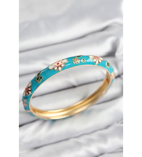 Mineli Pirinç Mavi Çiçek Motifli Gold Kadın Kelepçe 5886 - EEEEEE3142-5125