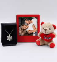Kar Tanesi Kolye & Mini Love Ayıcık & İnstagram Çerçeve Hediye Seti