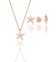 Gümüş rose zirkon taşlı deniz yıldızı kolye ve küpe ikili set