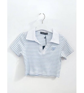 Kız Çocuk Pamuklu Polo Yaka Çizgili Crop Bluz