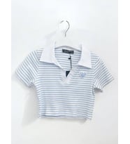 Kız Çocuk Pamuklu Polo Yaka Çizgili Crop Bluz (Beyaz)