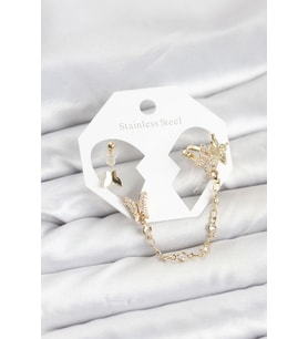 Pirinç Gold Renk Kelebek Model Zincir Bağlantılı Ear Cuff Küpe Seti 5886 - HPSBYI9090-6057
