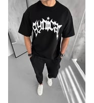 pilelistore- Unisex Bisiklet Yaka Baskılı Oversize T-Shirt - Siyah