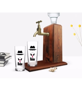 BK Home Renkli Baskılı Godfather Baba Tasarımlı İkili Rakı Bardağı ve Ahşap Rakı Standı Hediye Seti-11 (Model 1)