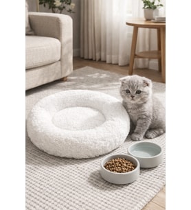Yumuşak Peluş Yuvarlak Kedi Köpek Yatağı Minder Beyaz