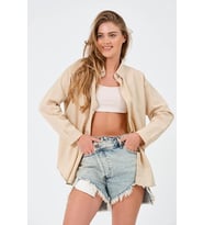 Kadın Bej Oversize Uzun Basic Gömlek